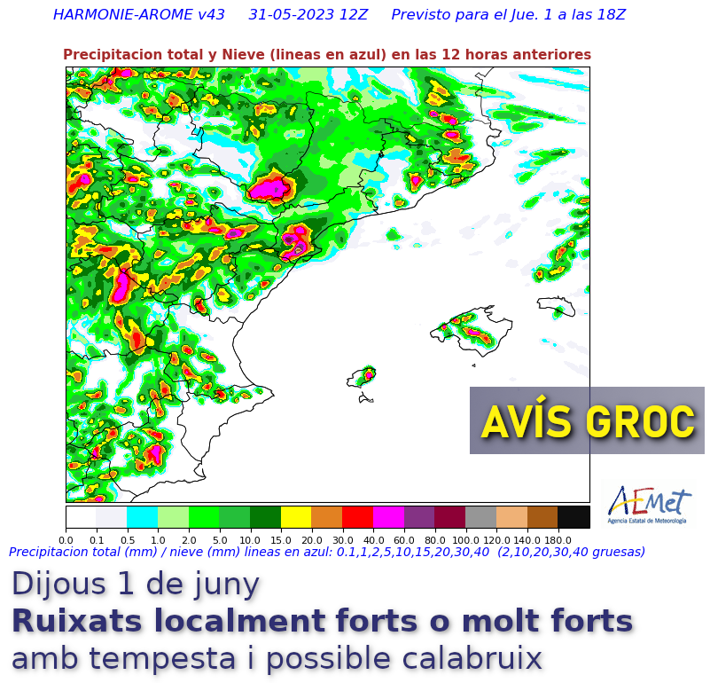 ⛈️Dijous 1 juny Ruixats dispersos a les hores centrals del dia, localment forts o molt forts (entre 20 i 40 l/m2 en 1 h). Tempestes, possible calabruix. ⚠️🟡AVÍS GROC a #Mallorca, #Menorca, #Eivissa Atents a les actualitzacions, al radar i a les recomanacions @Emergencies_112