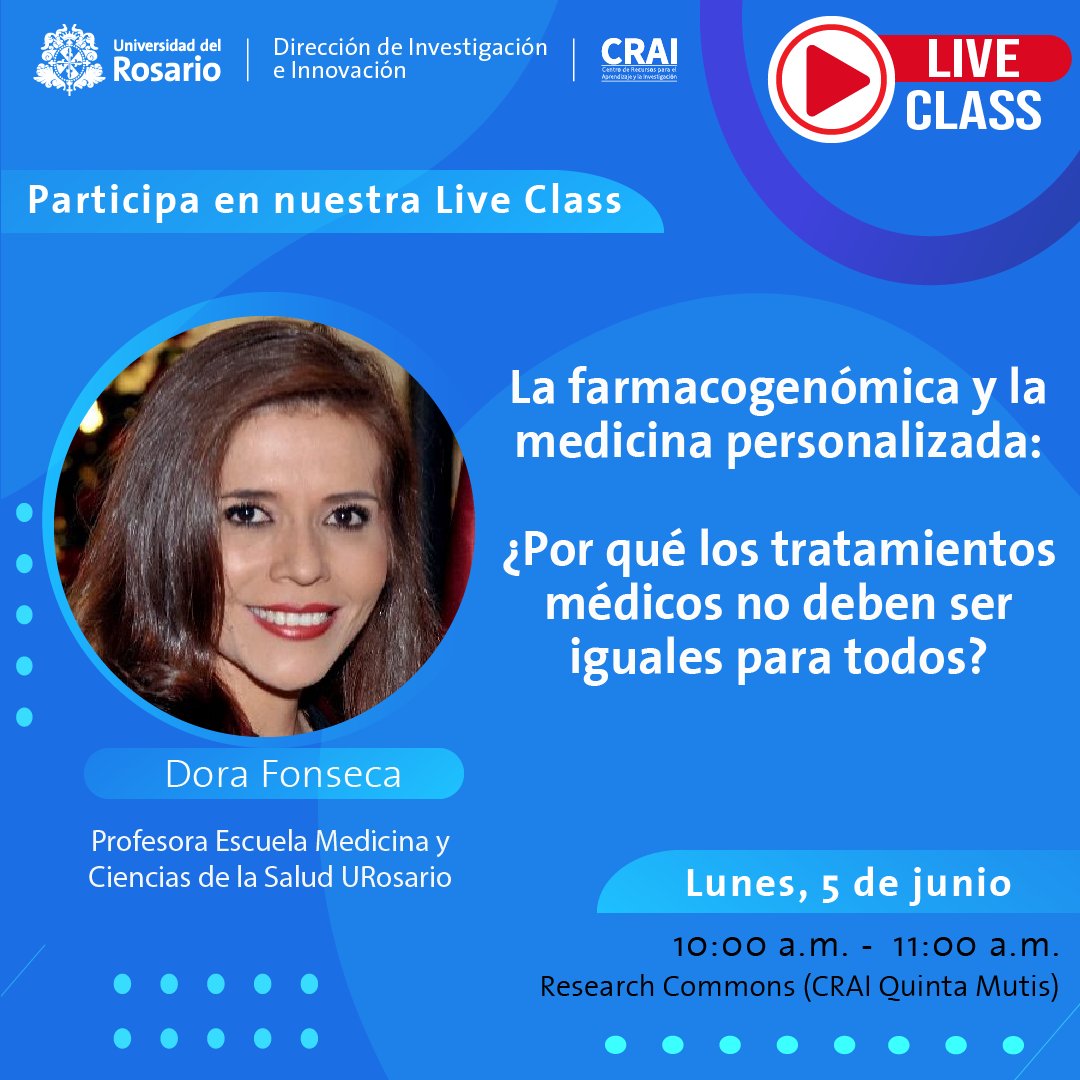URinvestigacion's tweet photo. Si todos los cuerpos son diferentes, ¿por qué nos recetan a todos lo mismo?
Te invitamos a nuestra #LiveClassUR para hablar sobre la farmacogenómica y la medicina personalizada.
🗓️5 junio 10 am
🗺️@CRAIUR #QuintaMutis
@EMCSUrosario @URosario https://t.co/HGuoMSf266