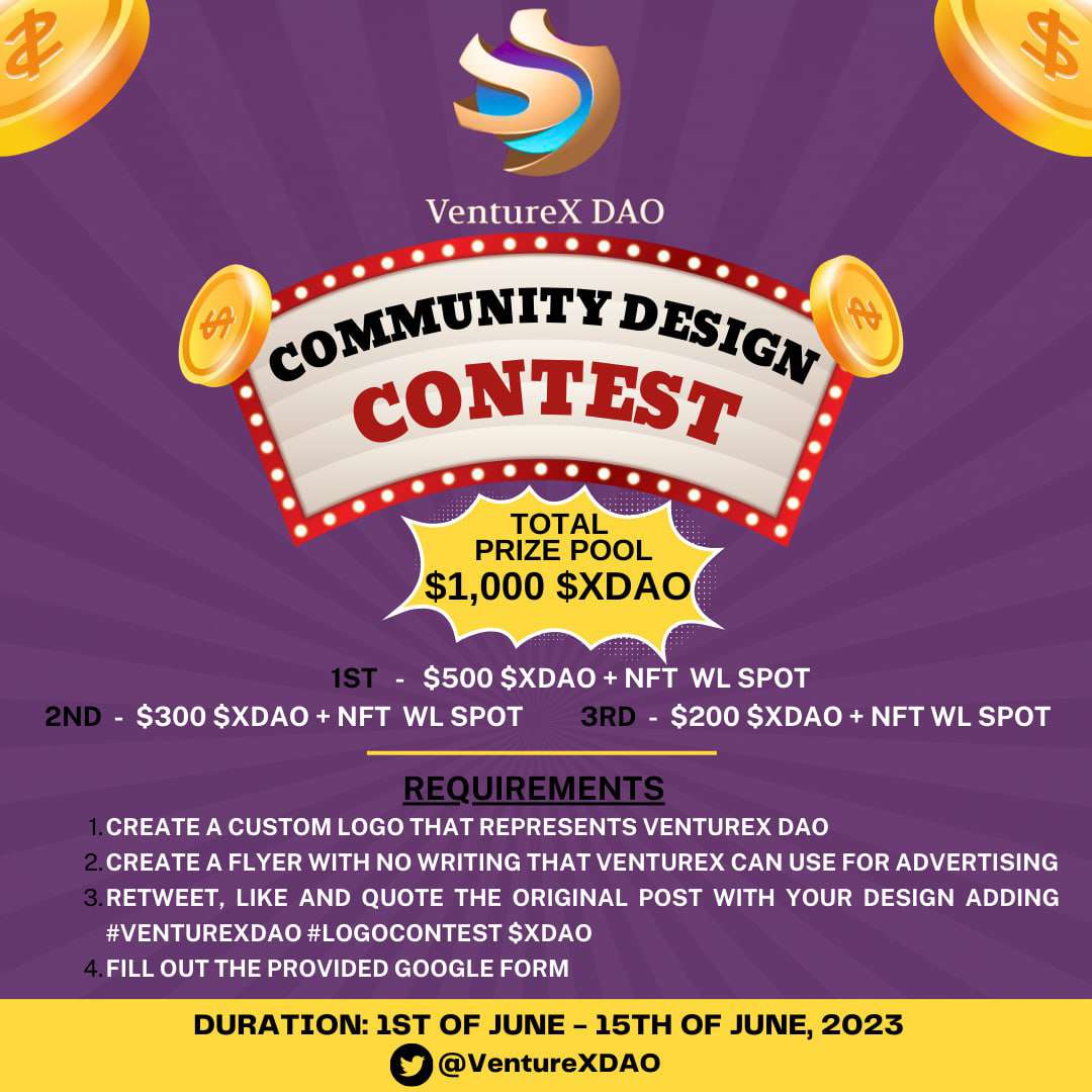 📢Community Design Contest🎉

We're thrilled to announce our FIRST contest. If you are a creative designer and would like a chance to win your share of the prize pool, this may be your chance!

👉Details in our Medium: medium.com/@venturexdao/v…

#logoContest #Contest