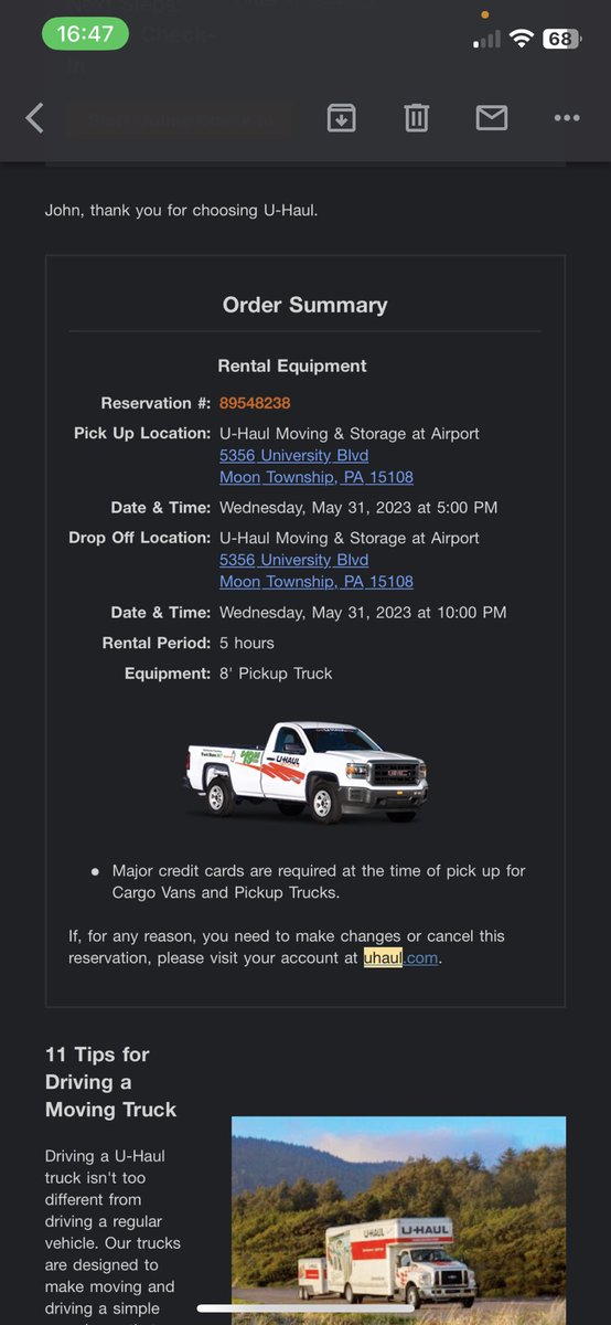 DJJohnnyMarco's tweet photo. Hi @uhaul  I had a reservation for today for an 8’ pickup truck only to find out on the app, it has been switched to a van which does me no good. I can’t get anyone from the local office to pick up, can you help?  The vehicle was supposed to be guaranteed or else I get $50 https://t.co/pDTyOS058W