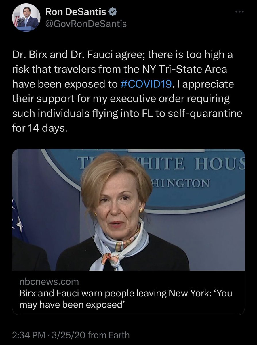 NEVER FORGET: Ron DeSantis praised Anthony Fauci and Birx for supporting his quarantine/lockdown measures in Florida.