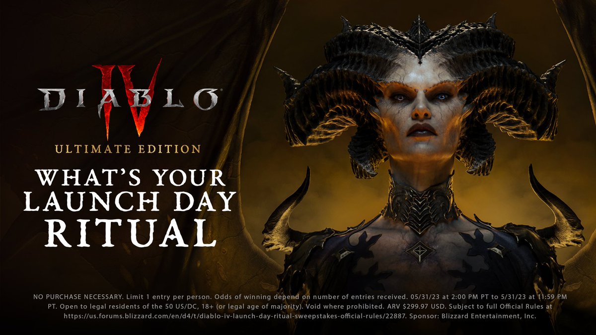 Diablo's tweet image. How are you celebrating launch day? 🩸😈🩸

Share your devious plans in the replies for a chance to win a #DiabloIV Ultimate Edition code. 

Rules here: blizz.ly/42f6i1O