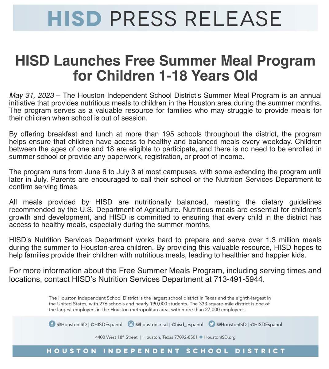 Free Summer Meal Program for Children 1-18 Years Old.