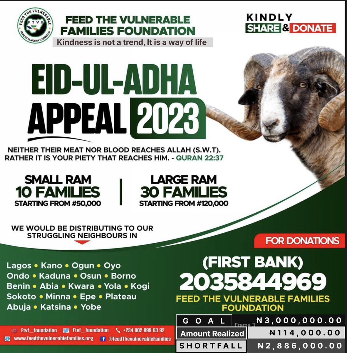 ftvf_foundation's tweet photo. Every year during the Islamic month of Dhul Hijjah, muslims around the world slaughter an animal – a goat, sheep, cow, or camel – to reflect Prophet Ibrahim [asw's] willingness to sacrifice his son Ismail, for Allah [swt's] sake

At least ⅓ of the meat from the animal must go to poor or vulnerable ones. Traditionally, a Muslim would keep ⅓ of the meat for their family and give the final ⅓ to their neighbours.

In the states where we have active volunteers, we distribute fresh meat depending on factors such as about realized. The meat is purchased from local suppliers in order to benefit the local economy. Each meat packet contains on average of two kilograms of meat, which will provide a family of four with meals for about a week.

Kindly donate and help share with friends, followers, and families.

Donation Link: 
https://t.co/e5WEi9LRWo