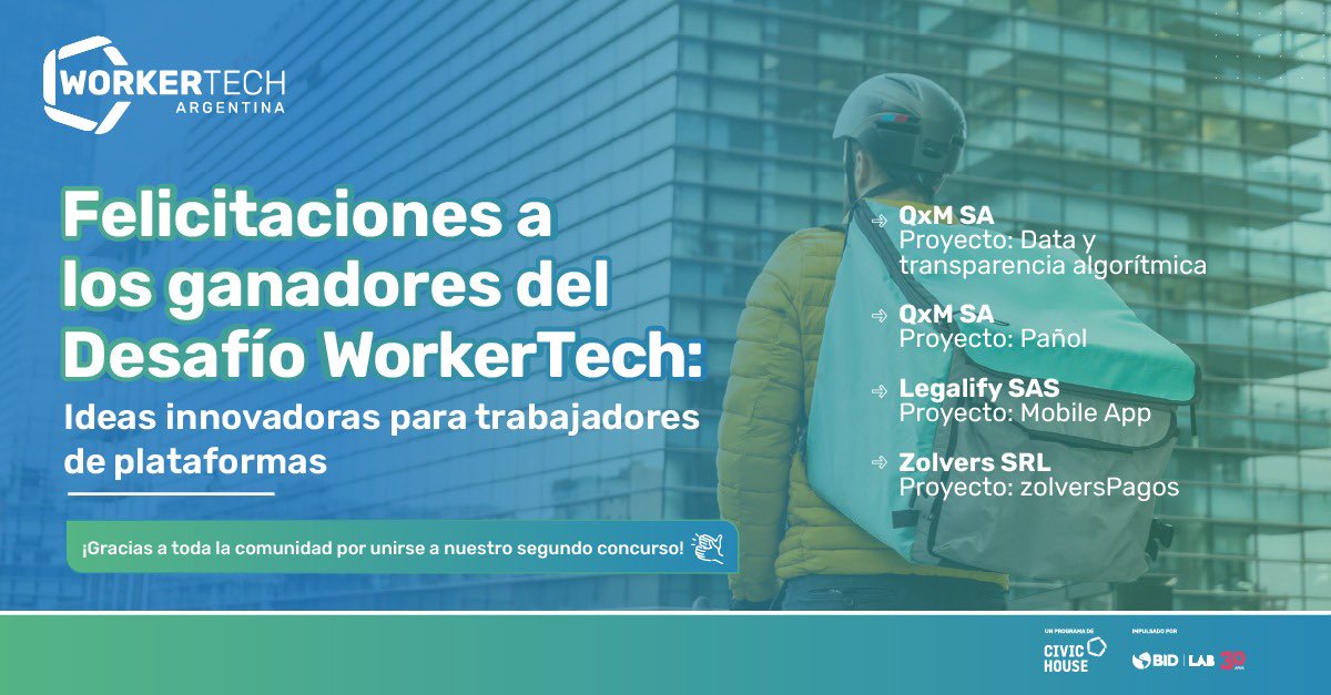 ¡Felicitaciones! @WorkertechArg cerró su Segundo Concurso: Ideas Innovadoras para Trabajadores de Plataformas y ¡HAY GANADORES!

Gracias a toda la comunidad que se sumó a participar creativamente de esta propuesta.

 #workertech #workertechargentina