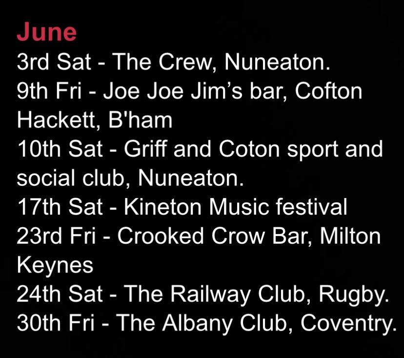 nedstarkelly's tweet photo. @TheRooters We have some brilliant venues lined up for June 2023
3rd #CrewBar Nuneaton Gigs
9th Joe Joe Jims Bar
10th Griff and Coton Sports Club
17th Kineton Music Festival
23rd The Crooked Crow Bar
24th Rugby Railway Club
30th Albany Club Earlsdon https://t.co/sPKY0euuXI