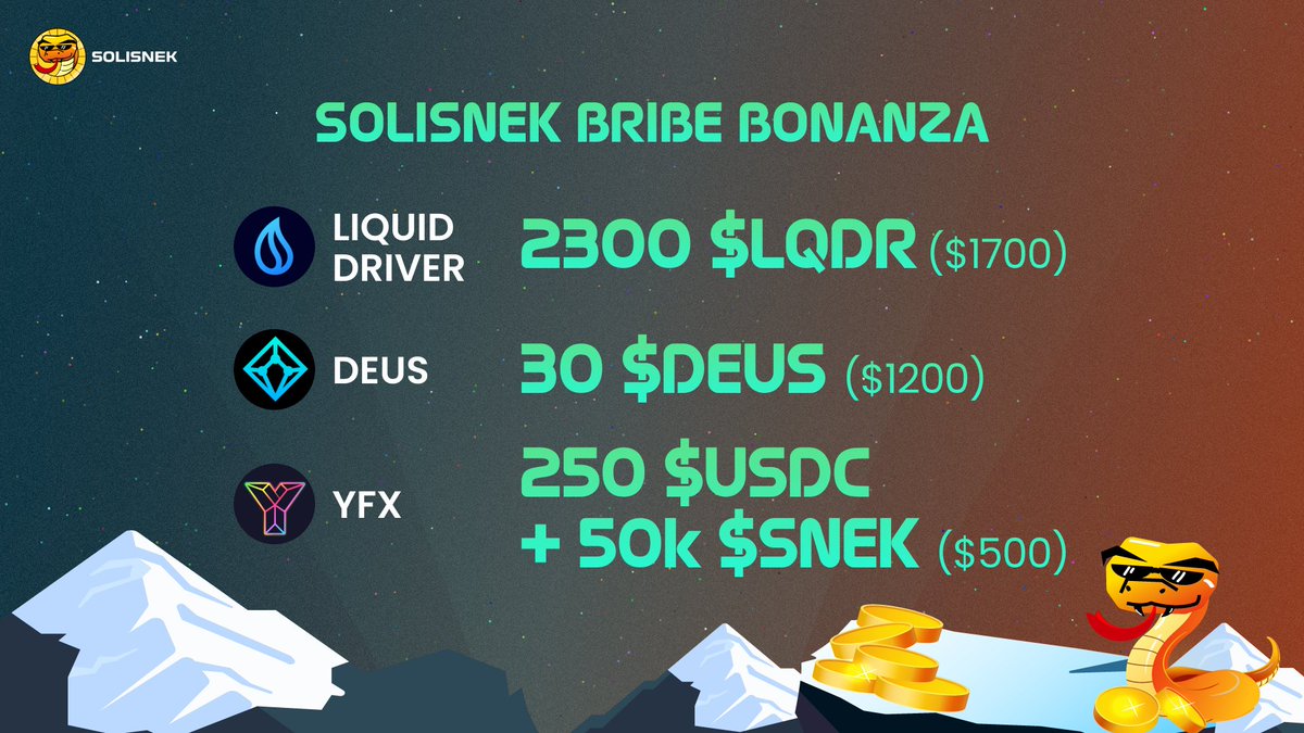 solisnekfi's tweet photo. With just 3 hours left its time for round 3! #SoliSnek Bribe Bonanza continues on @avax! 🔥

2300 $LQDR -> $LQDR / $USDC / $BTC ($1700)
30 $DEUS-> $WAVAX / $DEUS ($1200)
250 $USDC/50k $SNEK -> $YFX / $USDC /gmdUSDC ($500)

Time is ticking!  👇
https://t.co/ykPjKIojAM https://t.co/e65RThz8MK