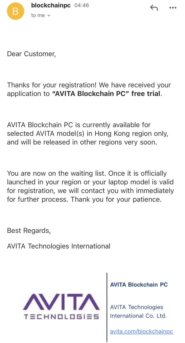 IcyAmphibian's tweet image. #JASMY #SecurePC

I’m on the waiting list for #AVITA #BlockchainPC

“Once it is officially launched in your region or your laptop model is valid for registration, we will contact you with immediately for further process.”

Have a great #JASMY Space @DipMehtaVerse!!!
🌊🌊🚢 🌊🌊