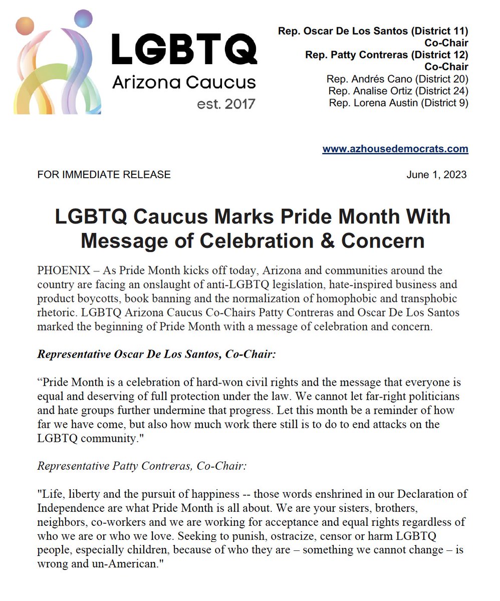 PRESS RELEASE: LGBTQ Caucus Marks Pride Month Message of Celebration &amp; Concern #azleg