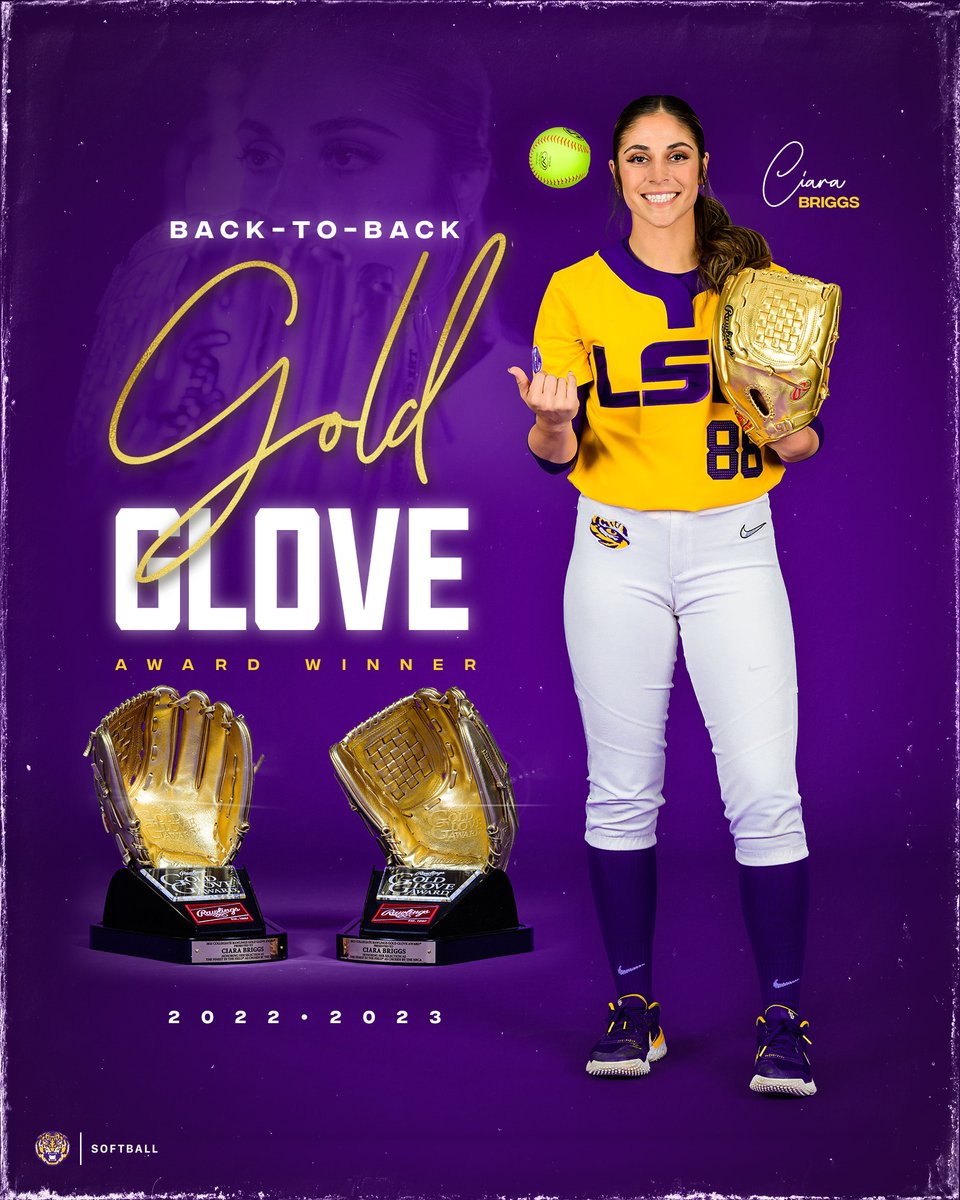 LSUsoftball's tweet photo. The only thing better than one Gold Glove is two Gold Gloves!

Ciara Briggs is a back-to-back Gold Glove Award Winner.

📄: https://t.co/1Wqf0e9nJR

#GeauxTigers https://t.co/oihAl1NtYJ