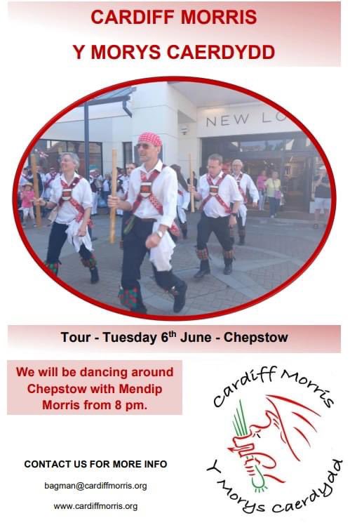 CardiffMorris's tweet photo. After a well earned week off following our endeavours at Chippenham Folk Festival, we are back again next Tuesday evening, when we’ll be going a little further afield. We’ll be joining up with Mendip Morris for a joint tour around Chepstow! Come and see us if you’re nearby! https://t.co/Zldqxi8PVG