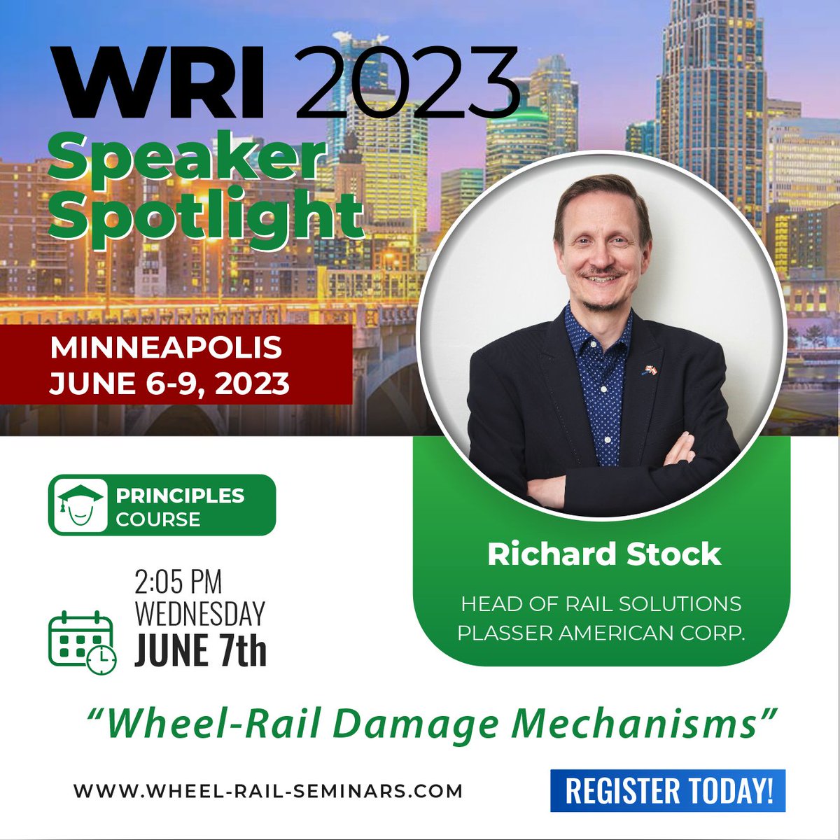 WheelRailSem's tweet photo. Today's Speaker Spotlight features Richard Stock, Global Head of Rail Solutions at @PlasserAmerican.

Richard presents "Wheel-Rail Damage Mechanisms" during the Principles Course at #WRI 2023 next week in Minneapolis!

There's still time to register at: https://t.co/t2VX5JZlpF! https://t.co/cOgFnfycUb