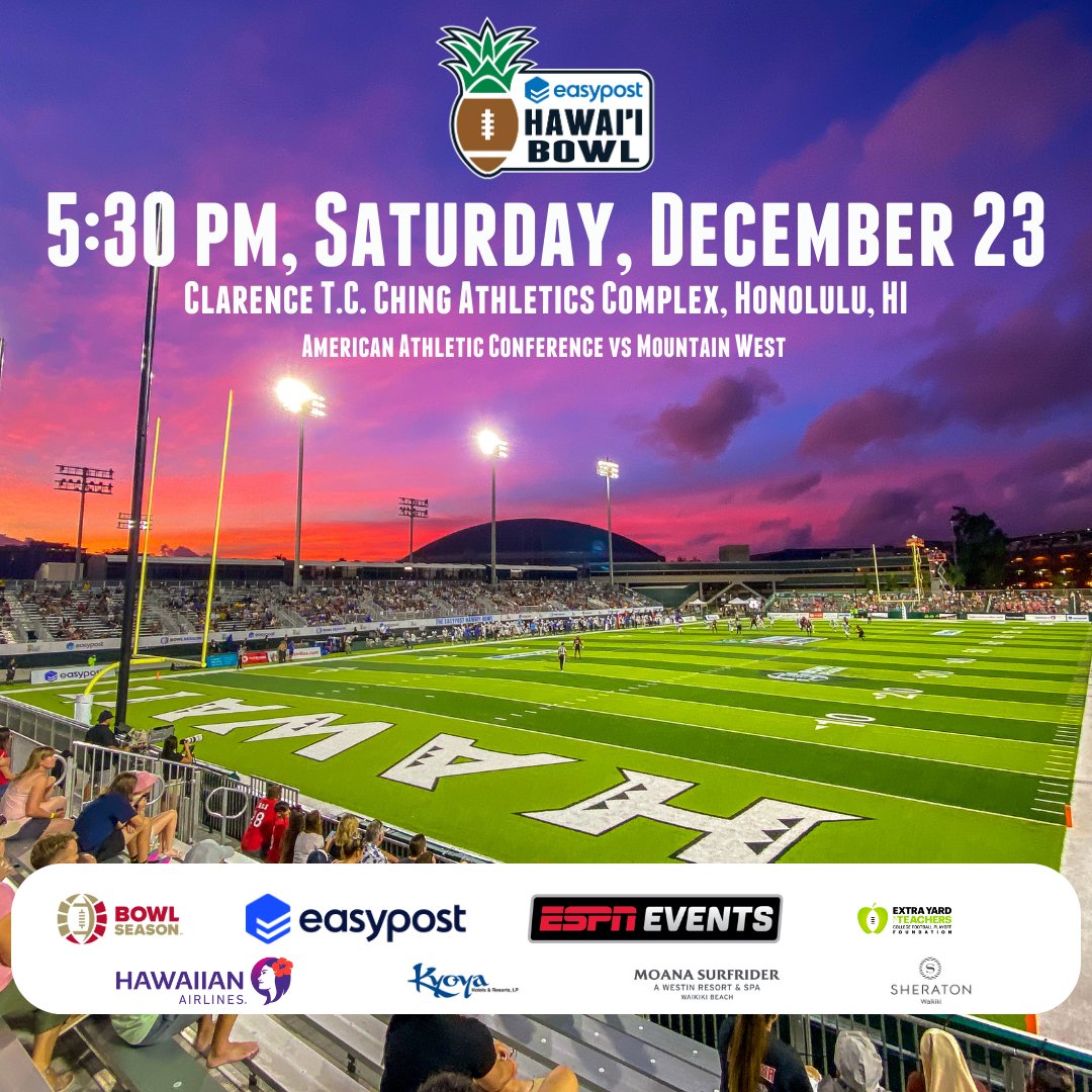 HawaiiBowl's tweet image. We will kickoff under the lights this year!

#EasyPost #HawaiiBowl #EasyPostHawaiiBowl #CFB #CollegeFootball #BowlSeason #ESPNEvents
