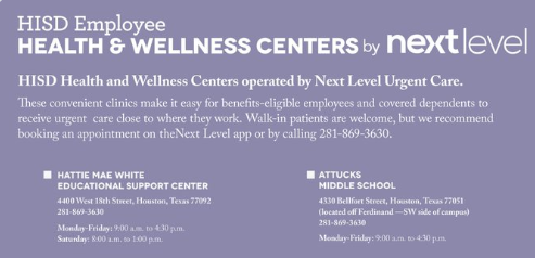 HISDBenefits's tweet photo. The HISD Health &amp; Wellness Centers at HMW and Attucks MS, as well as the 16 contracted Next Level Urgent Care Centers, will be open &amp; operating under normal schedules during the summer. See https://t.co/iwbuL9V02i for more info. https://t.co/TeJDLwT94v