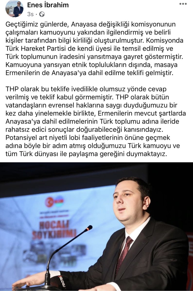 THP olarak bütün vatandaşların evrensel haklarına saygı duyduğumuzu bir kez daha yinelemekle birlikte, Ermenilerin mevcut şartlarda Anayasa'ya dahil edilmelerinin Türk toplumu adına ileride rahatsız edici sonuçlar doğurabileceği kanısındayız.