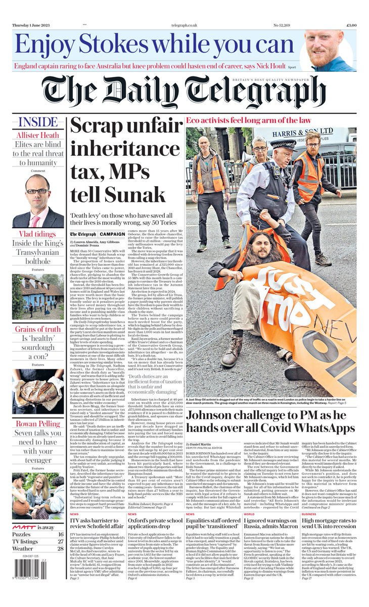 sgfmann's tweet photo. Daily Telegraph: Scrap unfair inheritance tax, MPs tell Sunak #TomorrowsPapersToday https://t.co/LQrT9fOId8