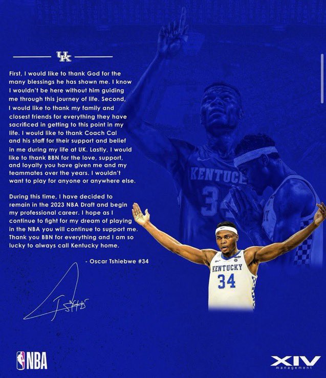 Former WVU big Oscar Tshiebwe is leaving Kentucky and staying in the NBA draft, he announced