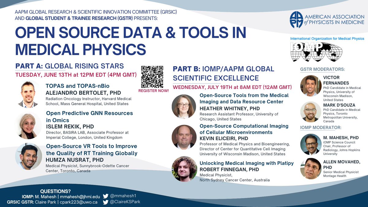 Claire Park (@clairekspark) on Twitter photo Join us for the <a href="/IOMP_Official/">IOMP</a> <a href="/aapmHQ/">American Association of Physicists in Medicine</a> Global Research and Scientific Innovation (GRSIC) Webinars on Open Source Data & Tools in Medical Physics 🤩 These webinars will feature Global Rising Stars and Scientific Excellence speakers. 🚀 Register for June 13📍shorturl.at/aIQ57 Join us for the <a href="/IOMP_Official/">IOMP</a> <a href="/aapmHQ/">American Association of Physicists in Medicine</a> Global Research and Scientific Innovation (GRSIC) Webinars on Open Source Data & Tools in Medical Physics 🤩 These webinars will feature Global Rising Stars and Scientific Excellence speakers. 🚀 Register for June 13📍shorturl.at/aIQ57