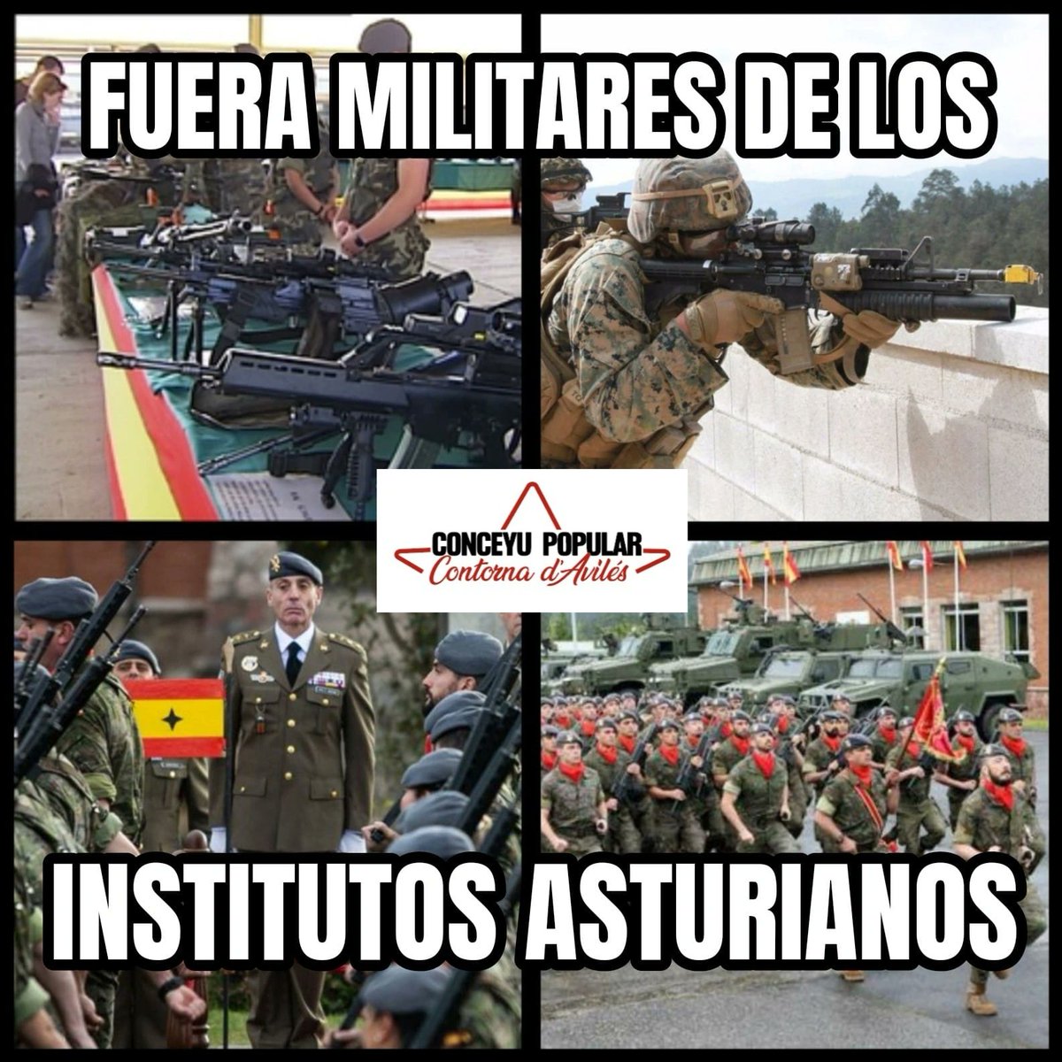ConceyuPopularA's tweet photo. NON AL MILITARISMU NOS CENTROS D'ENSEÑANZA.
Non al actu patrioteru-militar nel IES N°5 d'Avilés.
La educación pública por bandera. https://t.co/SuounXKtYO