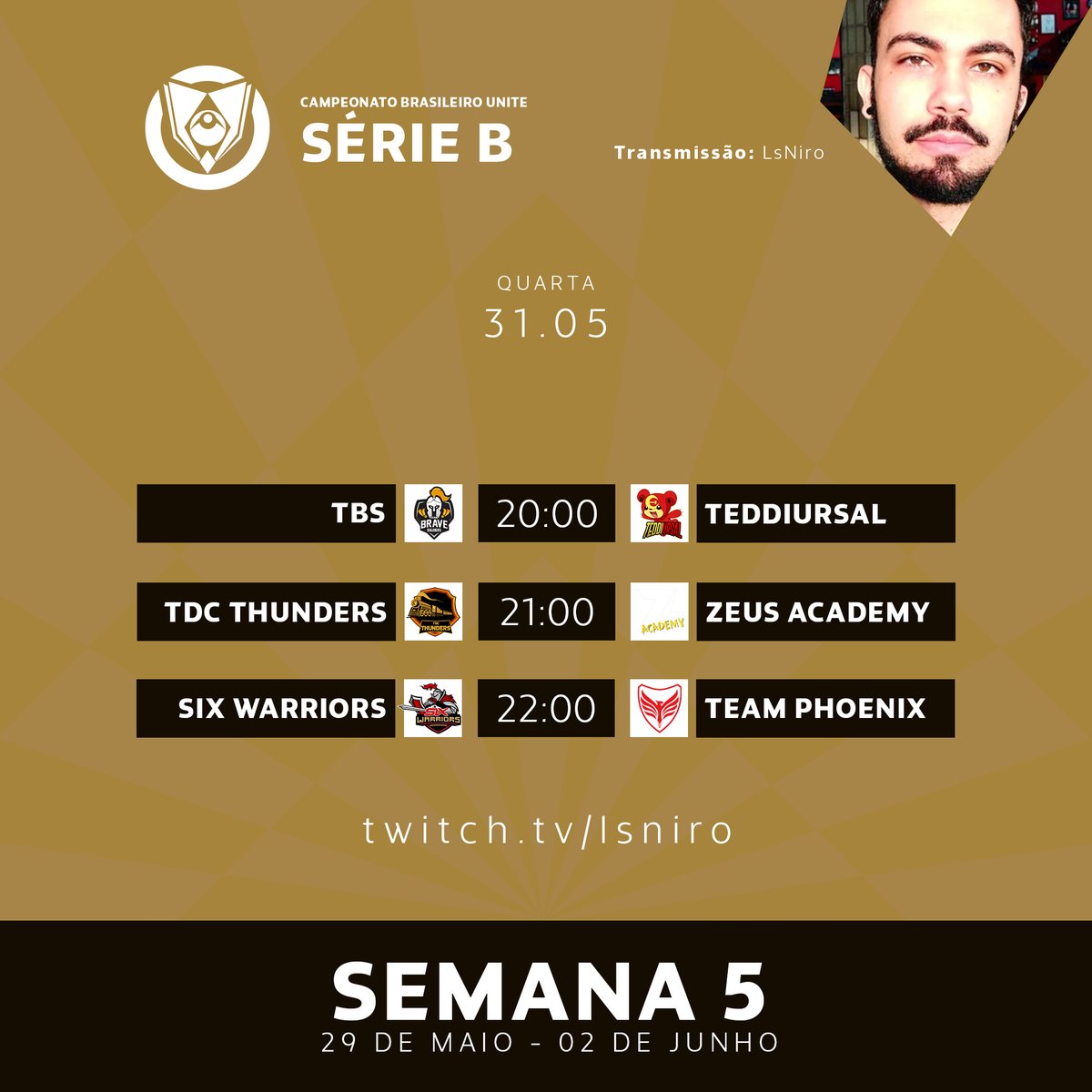 💛 QUARTA DE RODADA TRIPLA!

A nova rodada da #CBU2023 vai pegar fogo, três jogaços pra você torcer a noite toda! 

⚔️ TBS  x Teddiursal
⏰ 20h00 

⚔️ TDC Thunders x Zeus Academy
⏰ 21h00

⚔️ Six Warriors x Team Phoenix
⏰ 22h00

📺 twitch.tv/lsniro