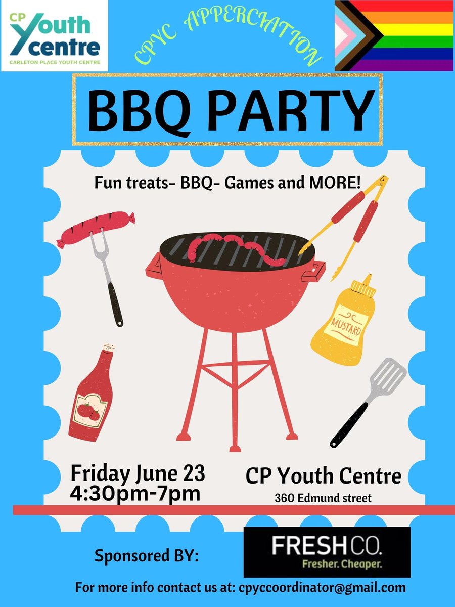 CarletonPlaceYC's tweet image. Poster correction! Community Pride &amp;amp; Appreciation BBQ Party! Friday June 23 4:30 to 7 PM! All ages! Show your true colours! We've got an evening of fun treats, BBQ eats, and cool games to beat! For more information contact us at: CPYCcoordinator@gmail.com cpyouthcentre.org
