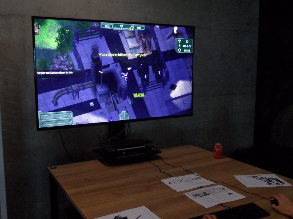 RaoDaoZao's tweet photo. Slightly surreal to see Exon running smoothly on a massive TV screen... even more surreal to see real humans playing it and seeming to have fun. But reassuring! This might actually go somewhere! #ECGx https://t.co/TA9dtwLQPX