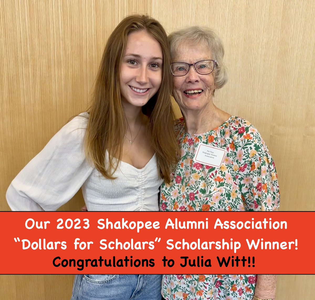 AlumniShakopee's tweet image. CONGRATULATIONS to our 2023 Shakopee Alumni Association @ShakopeeDFS award winner, Julia Witt! 
Julia received our $1K scholarship made possible through our alumni association! 
Julia will be attending Drake University, and plans to major in journalism! @JoeWMBA @ShakopeeSchools