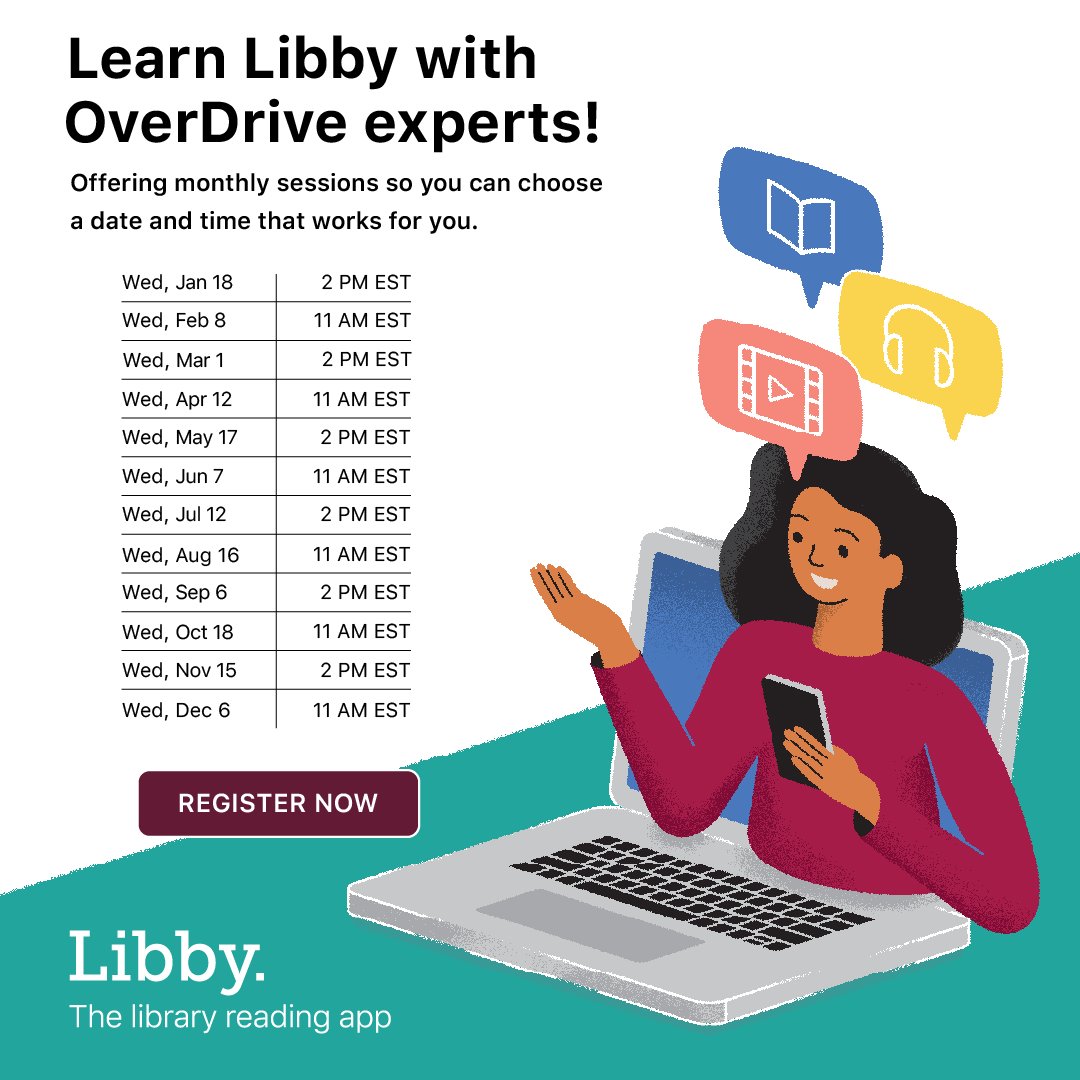 LibbyApp's tweet photo. Join our ✨FREE✨ webinar and learn how to use the #LibbyApp to access #ebooks and #audiobooks from your 🏛️ local library. 

📝 Register for next week's webinar here: 📖 https://t.co/FEb5hTZ8f1

#LibraryApp #ReadingApp #Bookish #Books #BookLovers https://t.co/NbIZliPyPP