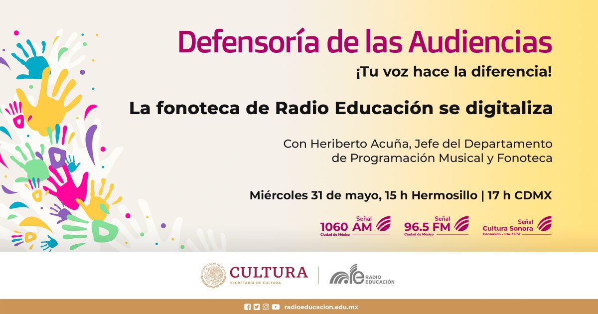 RadioEducacion's tweet image. La #Fonoteca de #RadioEducación se digitaliza 💿💻

Acompaña a Ana Cecilia Terrazas, nuestra defensora de las audiencias; y a José Ángel Domínguez, a conversar con Heriberto Acuña, Jefe del Departamento de Programación Musical y Fonoteca 🎧

⏰ Hoy, 17 h
📻 1060 AM, 96.5 FM #CDMX