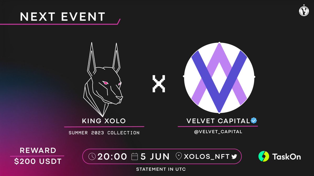 #KingXolo x <a href="/Velvet_Capital/">Velvet | Onchain Terminal</a> × <a href="/TaskOnCampaigns/">TaskOn Campaigns🤳</a> Giveaway 🎁

⏰Campaign Time: May 31 - june 12

🎙Twitter Space: June 05 (20:00 UTC) 

🎁Prize: 200 $USDT + 2 Airdrop NFT's + 10 OG Role + 10 WL

Complete the tasks 👇

taskon.xyz/campaign/detai…

#Giveaway #Contest #NFT #Airdrop
