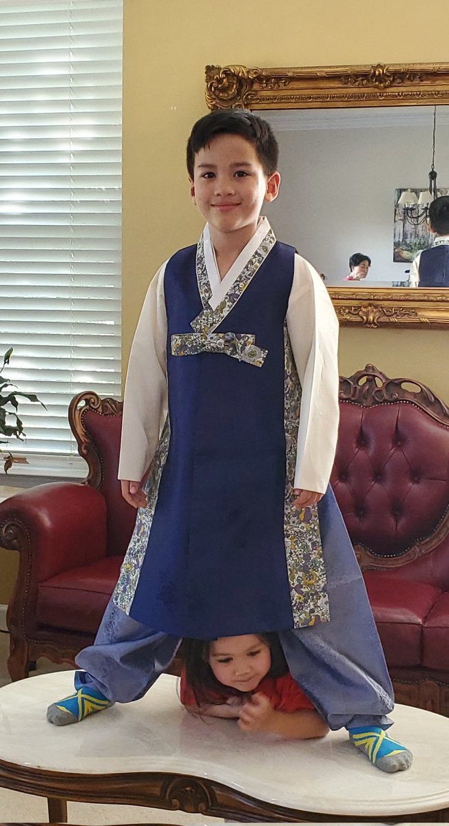 When my parents were in S. Korea, we asked them to buy hanboks (traditional outfits). The kids were so excited to try theirs on. The kids' hanboks are sized up since they're still growing. The adult hanboks are being custom made and will be mailed to us.

#hanbok
#koreanamerican