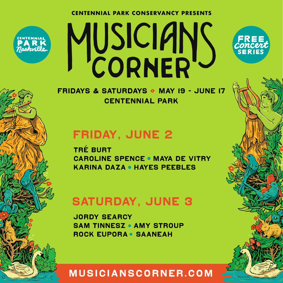 We've got a great weekend of music ahead of us at @MusCornerNash! How many sets are you trying to catch out at Centennial park? We'll be clocking in at 10/10 🔥