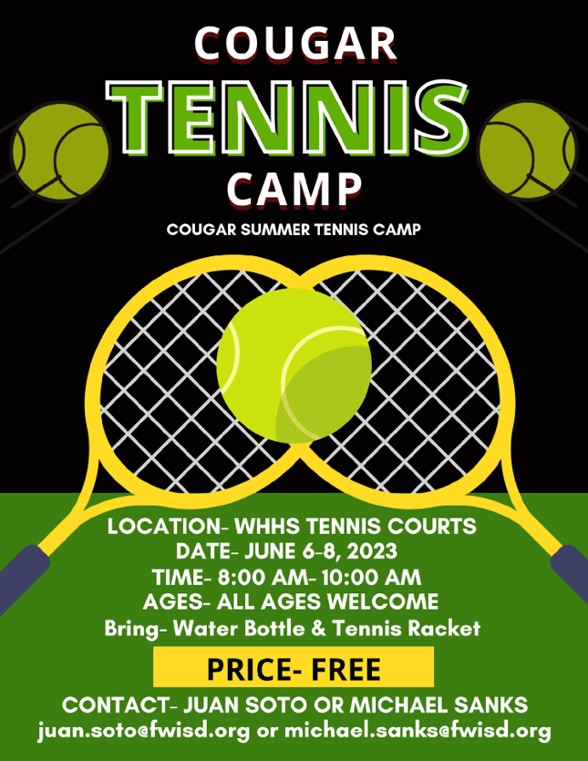 Cougar Tennis Camp will be held this summer during the first full week of June. Please share with everyone you know. All are welcome!