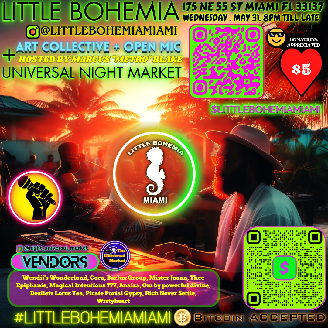 TONIGHT💥 MAY 31 ✨8PM TILL LATE @mdotblake  #littlebohemiamiami #WeAreTheCulture #saveourstages #miami #popupmarket #nightuniversalmarket #openmic #mdotblake #mdotblakeinc #budsmokersonly #artistsontwitter #Florida #southflorida #miamidade #art #freestyle