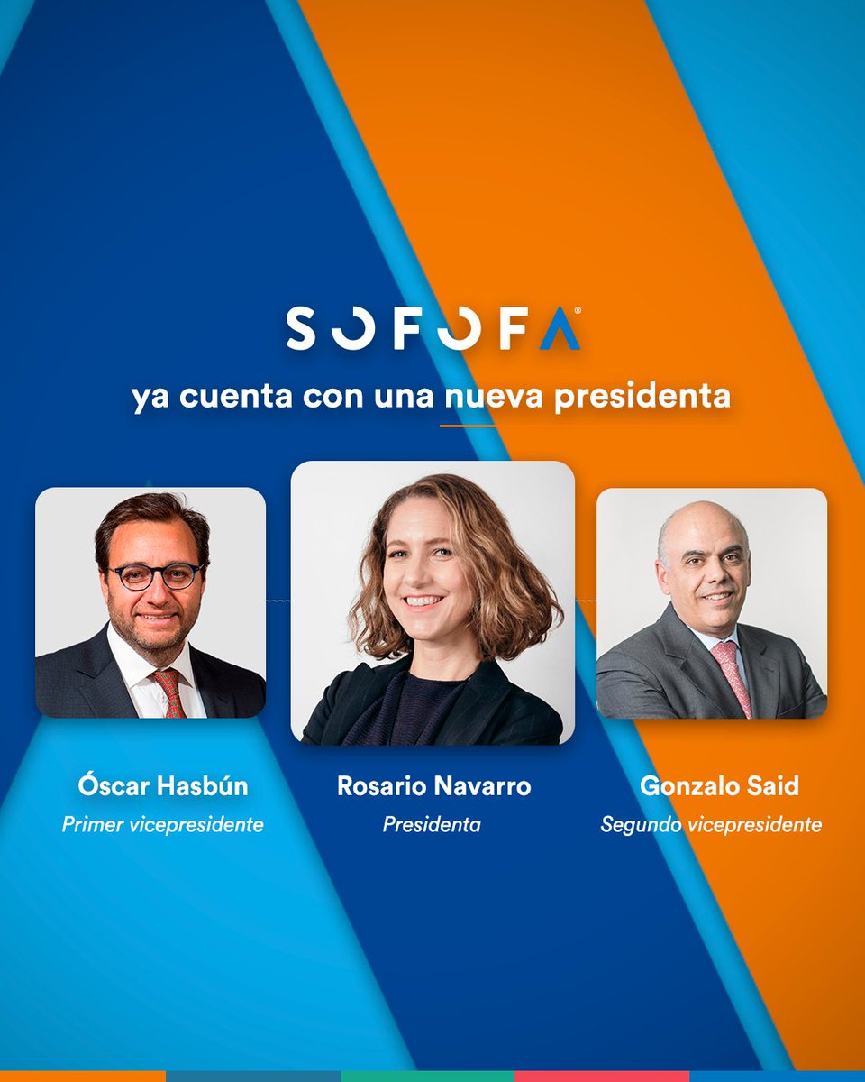 Hoy, el Consejo Gral. de #SOFOFA eligió a su nueva presidenta. Rosario Navarro liderará el
gremio por los próximos dos años y será acompañada por el primer vicepresidente, Óscar Hasbún, y el segundo vicepresidente, Gonzalo Said.¡Les deseamos mucho éxito en este nuevo desafío!