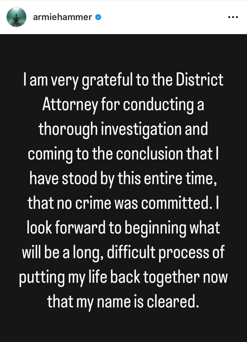 It’s been a very long and challenging road to get to this point, but #justice and #truth prevail in the end.

#ArmieHammer is innocent, as we have always maintained.

Thank you to the @LADAOffice @GeorgeGascon and @LAPDHQ for conducting a thorough and fair investigation and…