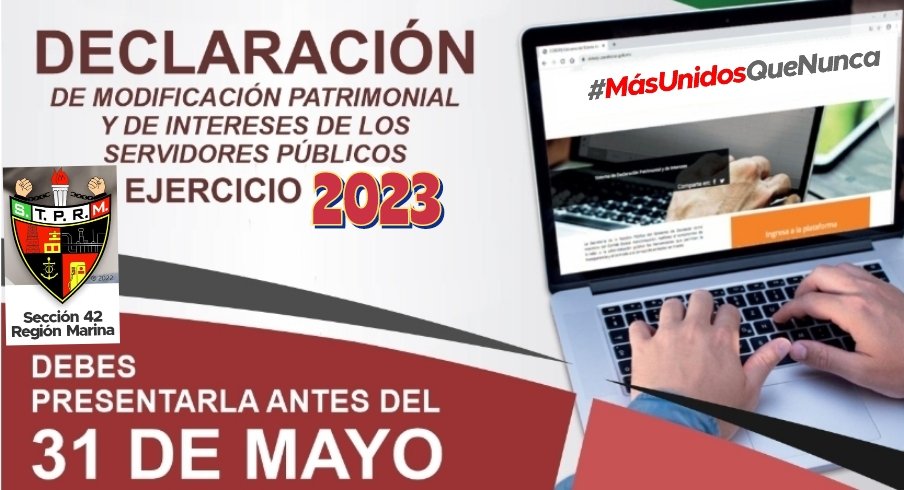 ⚠️ ATENCIÓN ⚠️
A todos los compañer@s de la Familia Petrolera
Atento recordatorio que HOY es el último día para presentar Nuestra Declaración Patrimonial 2023
Aún estás a tiempo! ✔️✅️☑️
#MasUnidosQueNunca 
Nuestra Honorable Sección 42 siempre al pendiente 👍🏻👷🏻‍♀️👷🏻‍♂️
@lgps03101