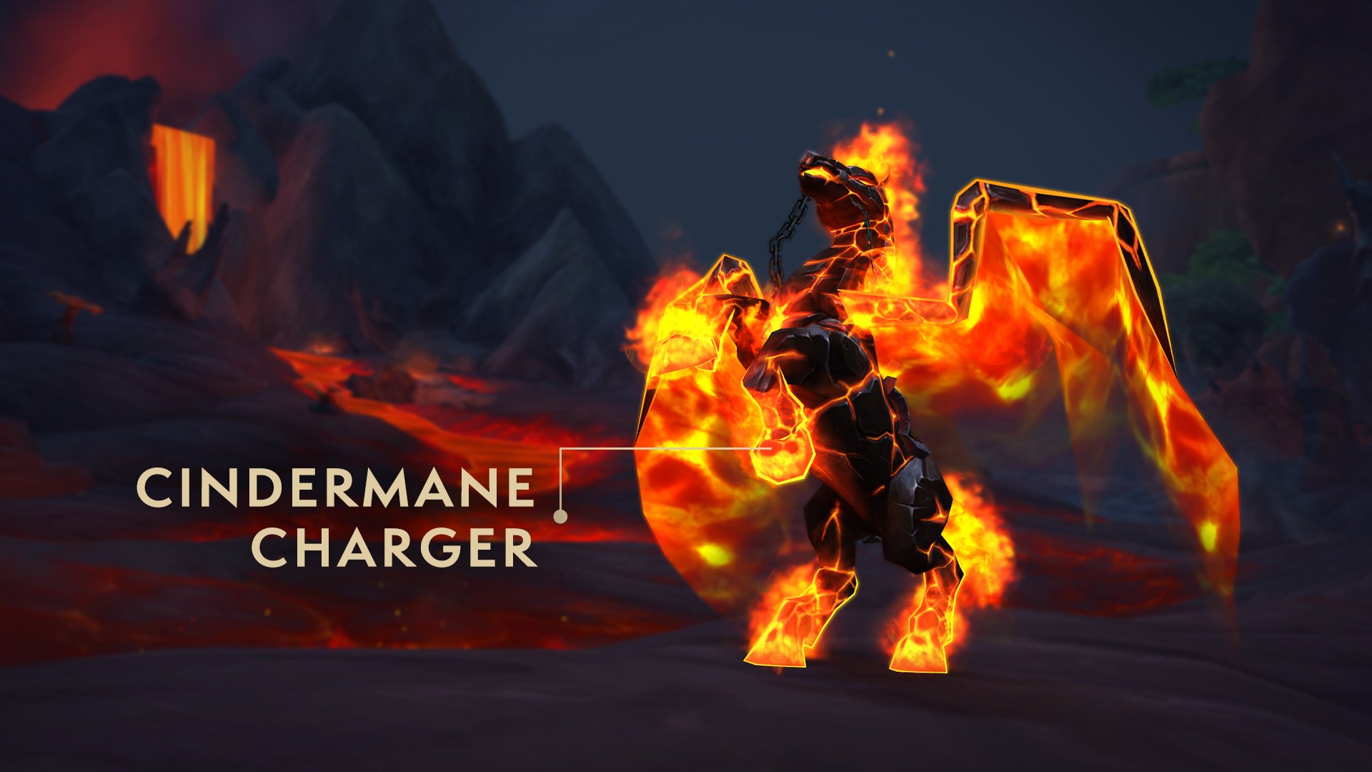 And image of the labeled Cindermane Charger Mount in front of a dark gray volcanic background. The winged horse-like creature is standing on its hind legs and kicking its front legs in the air. The body appears to be made of dark gray molten rock, with fire and lava glowing through cracks throughout. Fire blazes from the creature’s hoofs, wings, and along the top of its head where a horse’s mane would be. 