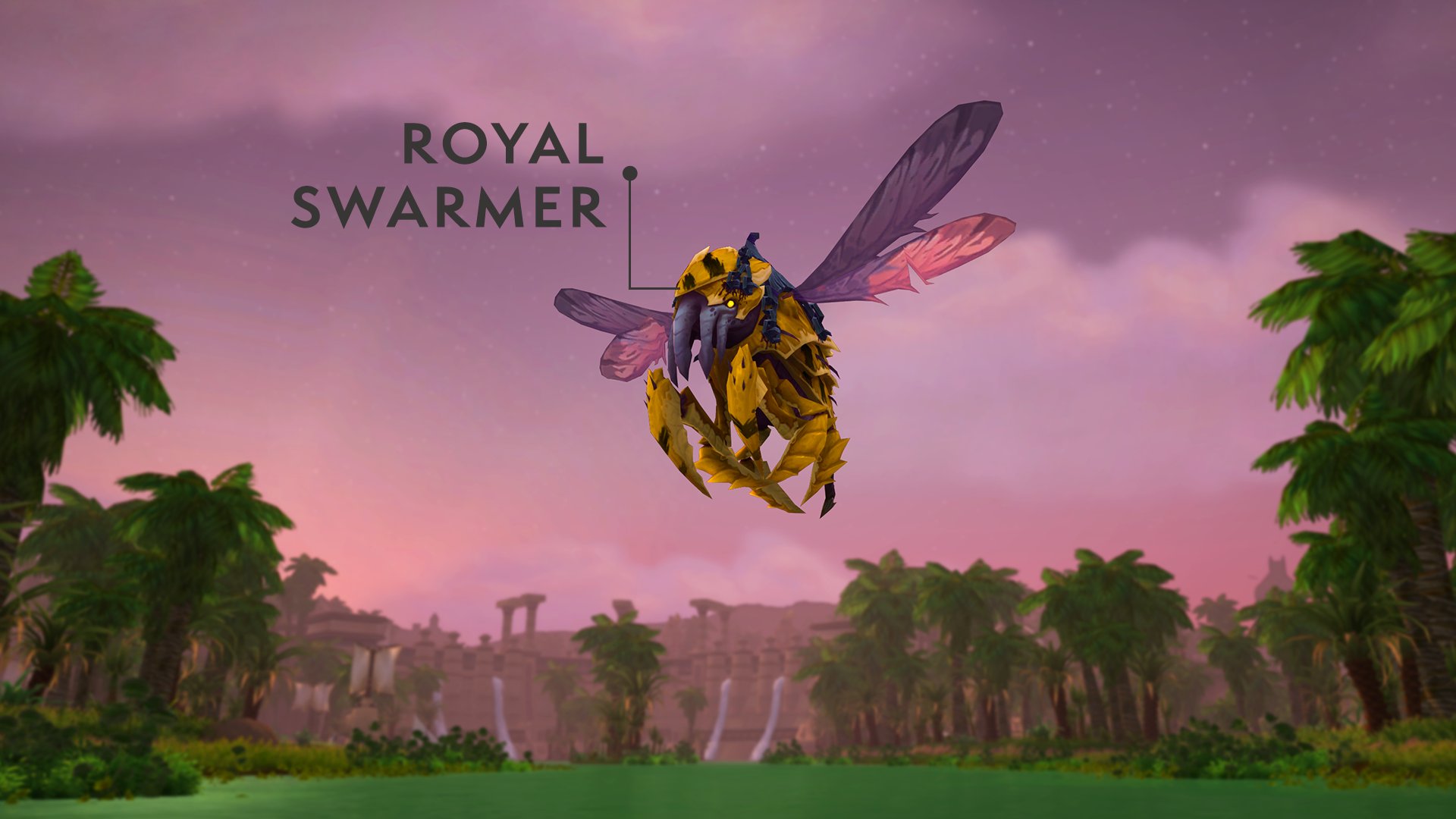 An image of a large, yellow, four-winged insect hovering above green waters with palm trees and desert ruins in the background. The labeled Royal Swarmer Mount has a rigid yellow carapace with black markings and small brown spikes on its front legs. Gray mandibles hand down in front of its glowing yellow eyes. Its purple dragonfly-like wings extend outward with two in each direction and a small gray saddle sits on its back.