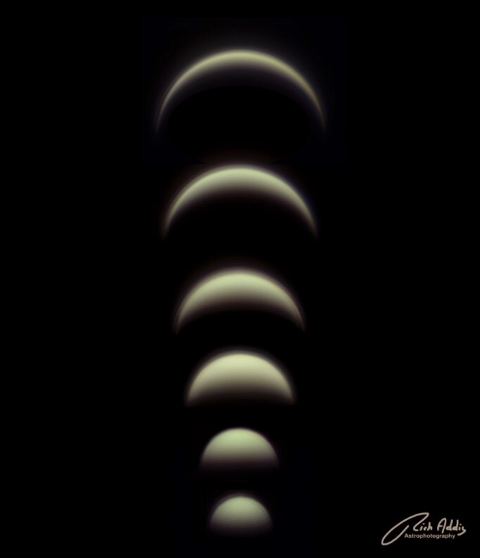 SubaruTel_Eng's tweet photo. #FunFact: Similar to the moon, Venus waxes and wanes. 

Just as the Moon goes through phases, Venus' visible sunlit hemisphere waxes and wanes. Unlike the Moon, however, we cannot see the phases of Venus with the naked eye. 

Credit: Richard Addis https://t.co/HYFpq7tD0p