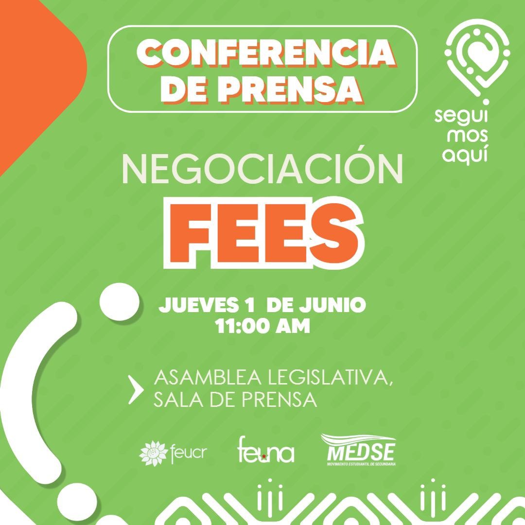 FederacionUCR's tweet photo. CONFERENCIA DE PRENSA
Negociación FEES

🗓️ Jueves 1 de junio
⏰ 11:00 am
📍 Asamblea Legislativa

Organizan:
FEUCR, FEUNA y Movimiento Estudiantil de Secundaria (MEDSE) https://t.co/hUixXHBIsx