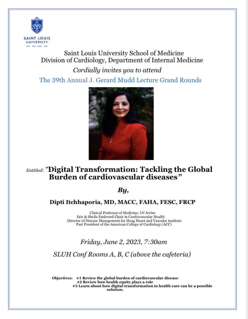 SLU Cardiology Fellowship (@slucards) on Twitter photo We look forward to hosting <a href="/ditchhaporia/">Dipti Itchhaporia, M.D., MACC , FAHA, FESC</a>, a former <a href="/slusom/">SLU Medicine</a> alumni, over the next few days for engaging discussion with physicians and trainees (residents and fellows) about Digital Transformation in Cardiovascular Care for the patients. Moving the field of CV care forward! We look forward to hosting <a href="/ditchhaporia/">Dipti Itchhaporia, M.D., MACC , FAHA, FESC</a>, a former <a href="/slusom/">SLU Medicine</a> alumni, over the next few days for engaging discussion with physicians and trainees (residents and fellows) about Digital Transformation in Cardiovascular Care for the patients. Moving the field of CV care forward!