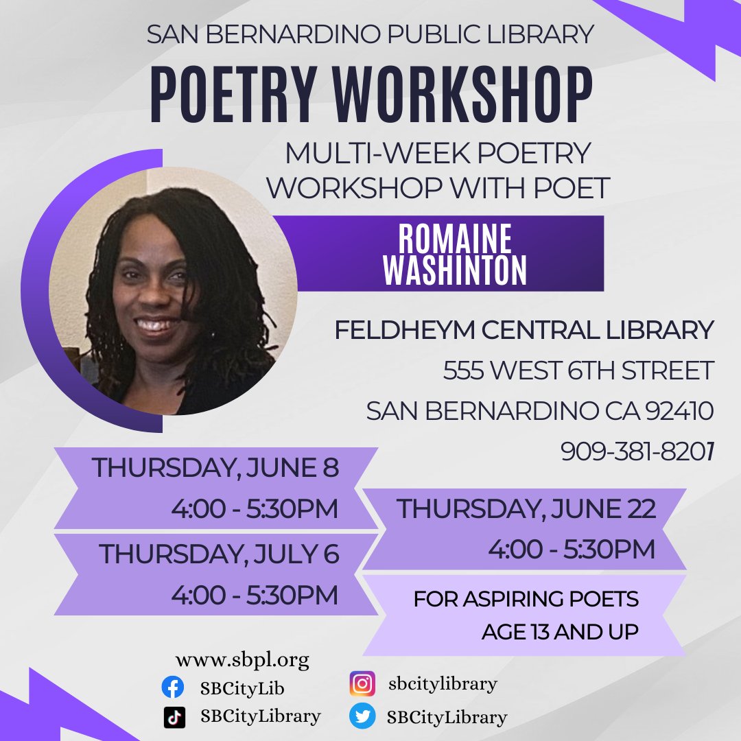 Give poetry a try! Find Your Voice with us and Romaine Washington at the first of three poetry workshops at Feldheym during our Summer Reading Program. This one is on 6/8 at 4pm. #SanBernardinoPublicLibrary #SanBernardino #SBPL #InlandEmpire #Poetry #RomaineWashington #Workshop