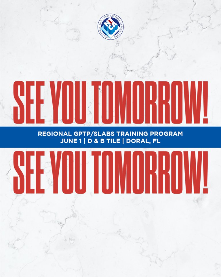 We're welcoming June with a regional GPTP/Slabs training program at @dbtile in Doral, Florida.

See you tomorrow!

Visit tile-assn.com/events for more training schedules.

#GPTP #Panels #TileTraining #Regional #TileInstallation #TileContractor #NTCA