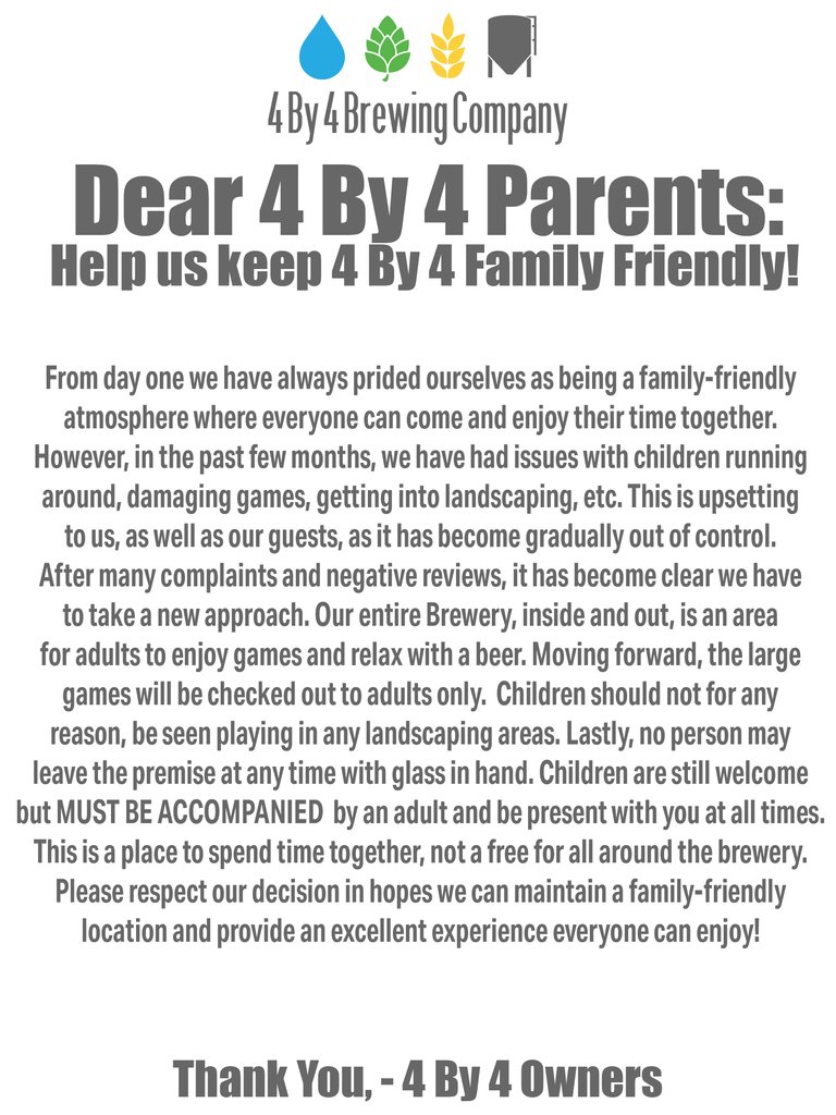 Please help us keep 4 By 4 Brewing Company - Fremont Hills Family Friendly!!

Thank you,
4 By 4 Owners & Staff

#supportlocal #familyfriendly #nixamo #ozarkmo #4by4brewingco