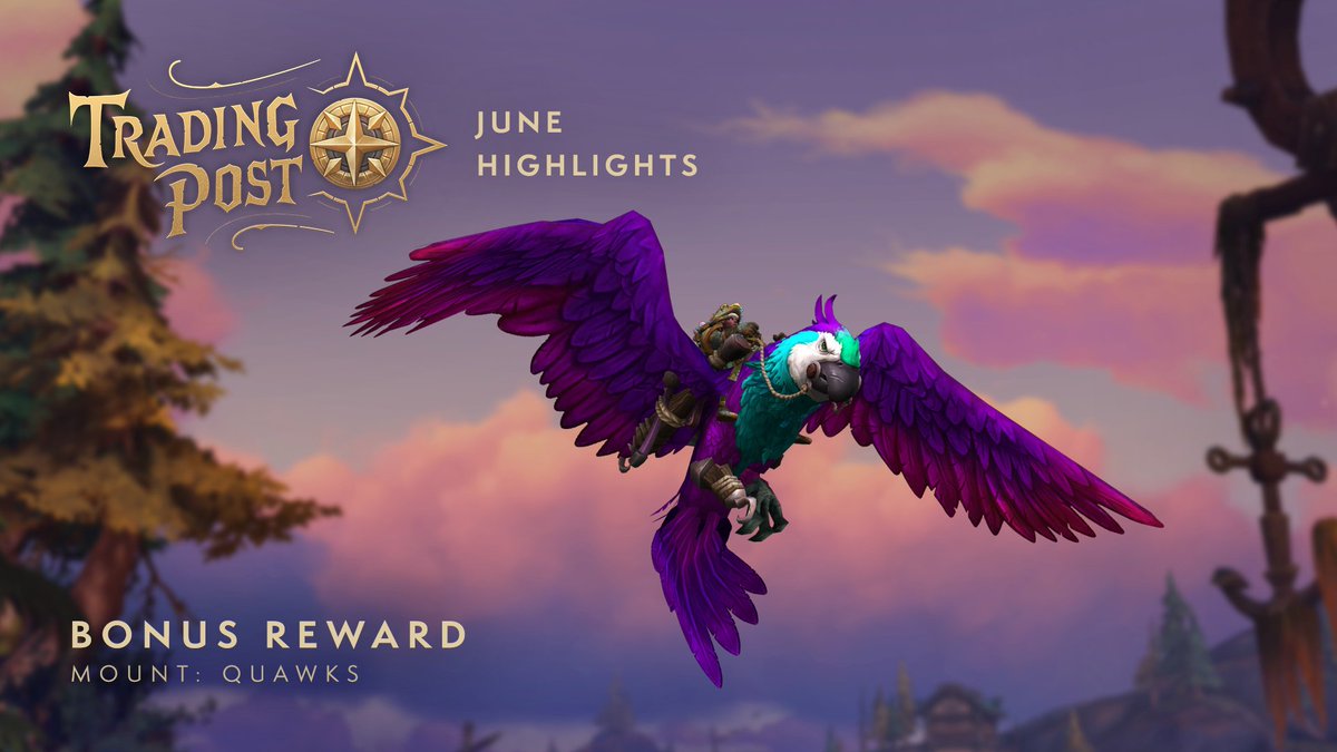 June is a big mount month at the Trading Post!

Collect all three:

🦜 Quawks (Bonus Reward)
🔥 Cindermane Charger
🐝 Royal Swarmer

Details: blizz.ly/3IQnLXt