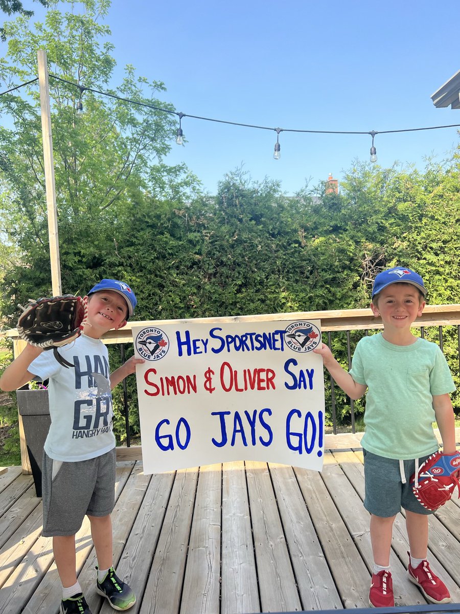 Cmdevincenzo's tweet photo. @Sportsnet these two super fans want a shoutout, and to get a glimpse of this sign in the crowd tonight! Their grandpa is at the game! @SNETCampbell @BlueJays @BichetteBo https://t.co/rkrv2JY8Iu