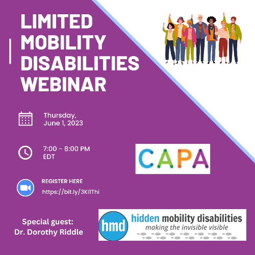 CAPA_Arthritis's tweet photo. Hope to see you all tomorrow June 1 at 7:00 PM EDT at the webinar!!
Limited Mobility Disabilities
#rheum #EDS #osteoarthritis #Lupus #AnkSpon
https://t.co/egVItzAQ2B https://t.co/S1SWCmzqJ0