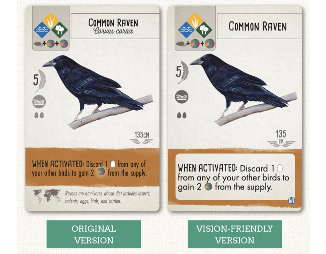 Elizabeth Hargrave (@elizhargrave) on Twitter photo Today <a href="/stonemaiergames/">Stonemaier Games</a> made large-print versions of Wingspan cards available.
✅ No nonessential info
✅ Darker/larger icons
✅ Larger, higher-contrast text for bird powers
I had no hand in this but I'm excited to see the attention to accessibility! store.stonemaiergames.com/collections/wi… Today <a href="/stonemaiergames/">Stonemaier Games</a> made large-print versions of Wingspan cards available.
✅ No nonessential info
✅ Darker/larger icons
✅ Larger, higher-contrast text for bird powers
I had no hand in this but I'm excited to see the attention to accessibility! store.stonemaiergames.com/collections/wi…