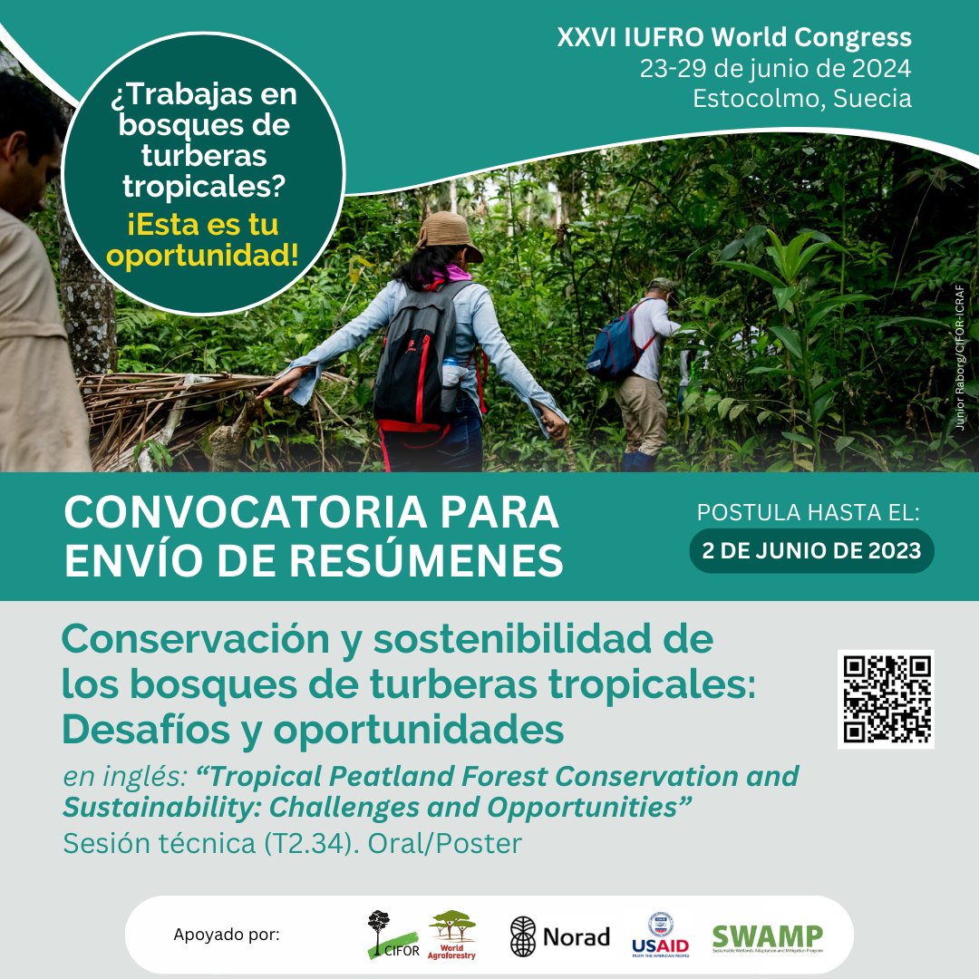LandAllianceLAC's tweet photo. 📣¡Últimos días!
¿Trabajas en 🌳 de turberas tropicales?¡Esta es tu oportunidad!
Envía tu resumen para presentaciones orales o posters para nuestra sesión sobre conservación y sostenibilidad de bosques de turberas tropicales en el Congreso Mundial @IUFRO
🔗https://t.co/7pog0cIMhG https://t.co/dRw0PXa6VH
